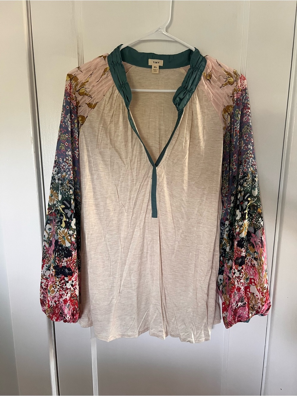 Tiny Light Blush Peasant Tunic with Floral Balloon Sleeves